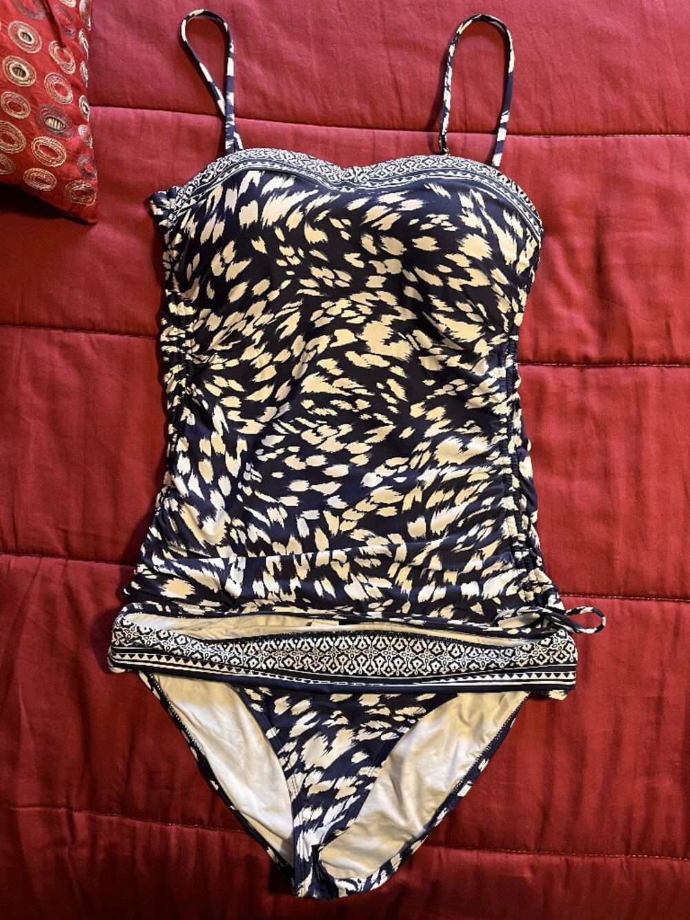 LA BLANCA Navy Blue & White Tankini Swimsuit Set Sz 14 Ruched Side Tie